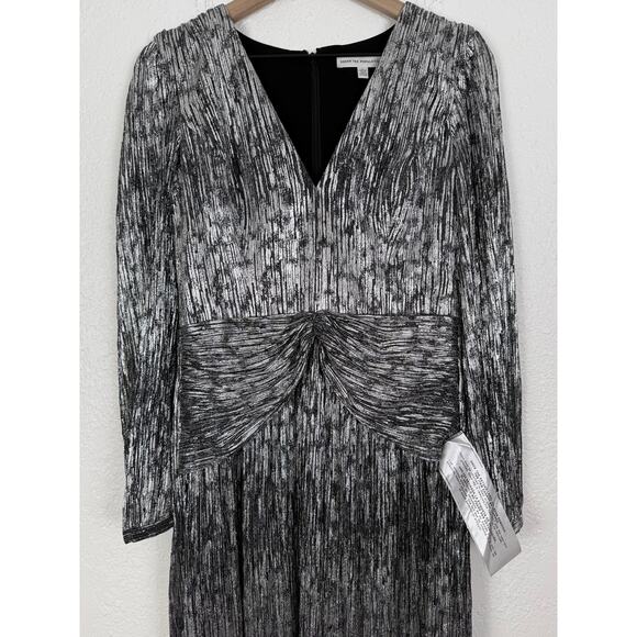 Dress The Population Cia Metallic Long Sleeve Maxi Dress Silver Black NWOT Large - Picture 4 of 9